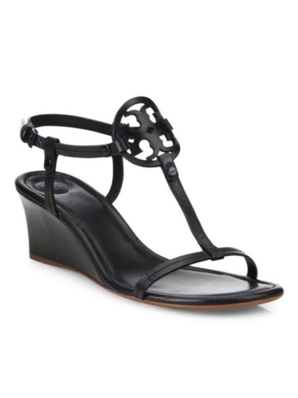 Tory Burch Black Miller Leather Logo T-Strap Wedge Sandal